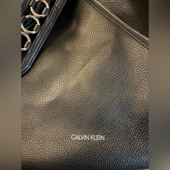Calvin Klein Geo Rocky Road Tote Bag, Black w/ Metal Detail Shoulder Strap - Picture 7 of 10